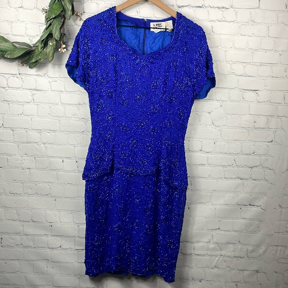 NITELINE Vintage Blue Beaded Silk Cocktail Dress size 10